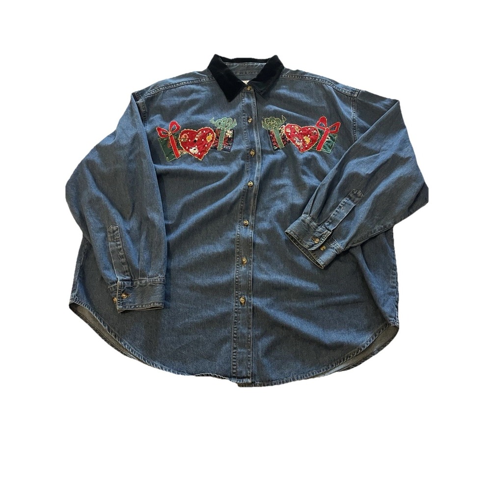 Vtg Jane Ashley Womens Holiday Button Up Shirt M Denim Embroidered Velvet Collar